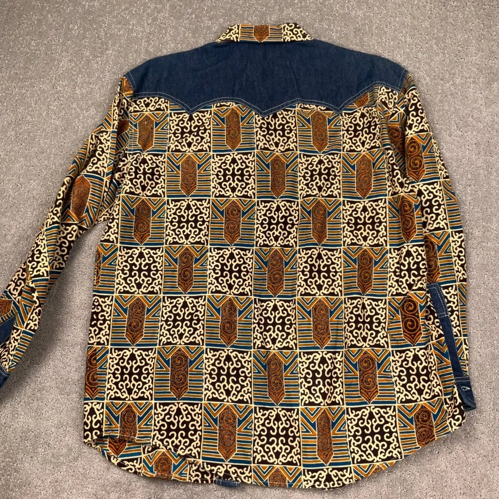 Unity Shirt Mens Small Blue Orange Western Snap Tribal Wax Print Geometric Denim